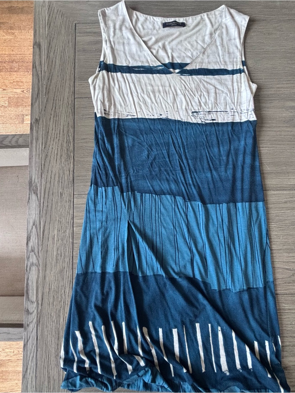 PIAZZA SEMPIONE Italian Designer Navy, Teal & White Striped Sleeveless Dress